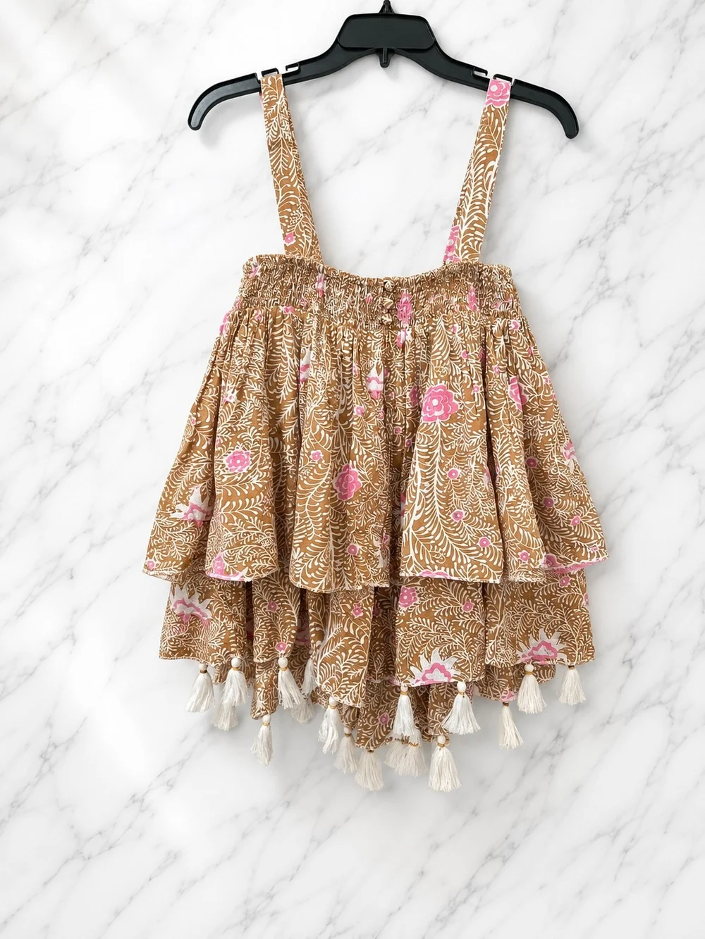 Talisman Pink Floral Tiered Top Brown & Pink Floral Fringe Decor